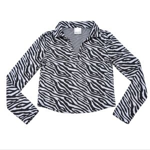 Industry Zebra Print Long Sleeve Collared Semi Crop Top Women's Small